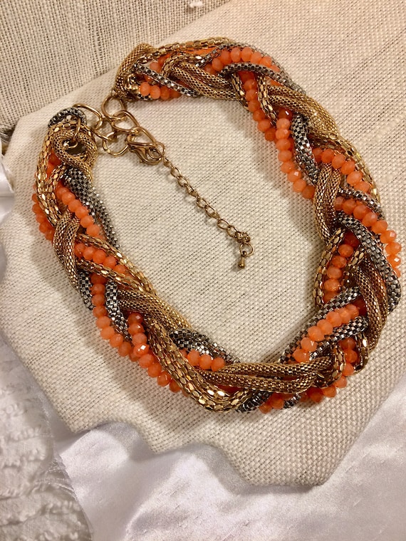 Vintage Goldtone Mixed Mesh Chains and PeachLight Orange Beaded Braided Necklace