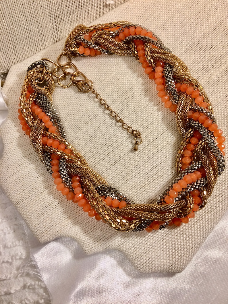 Vintage Goldtone Mixed Mesh Chains and PeachLight Orange Beaded Braided Necklace