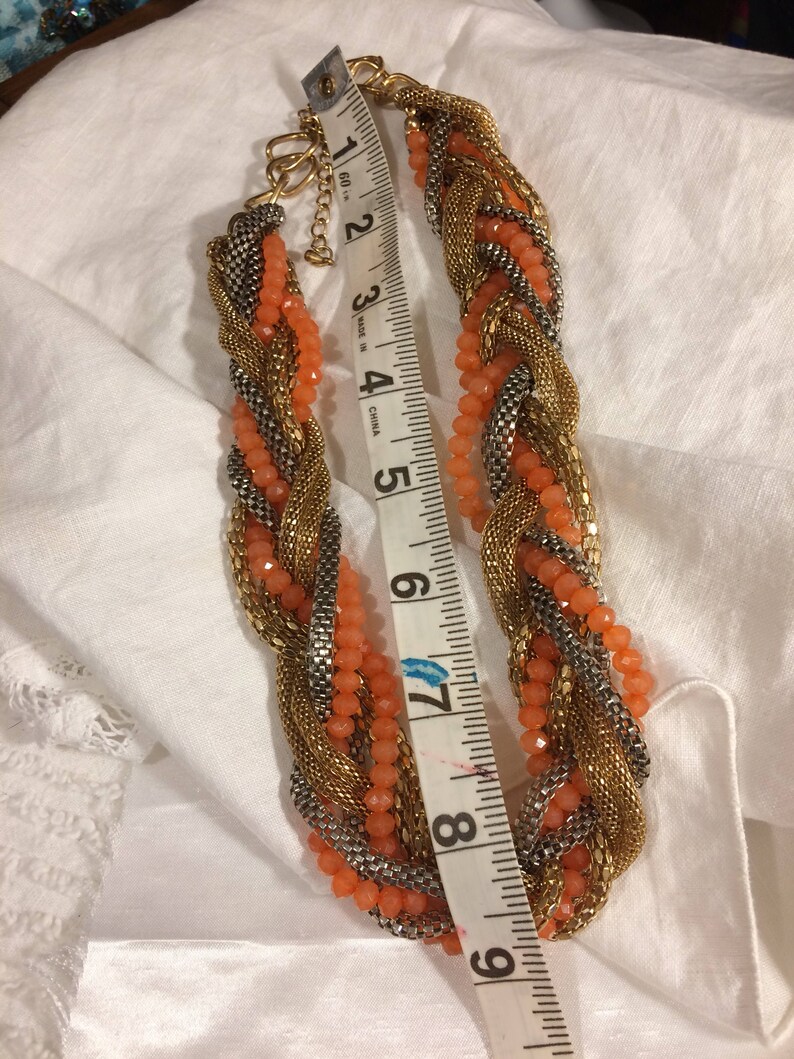 Vintage Goldtone Mixed Mesh Chains and PeachLight Orange Beaded Braided Necklace