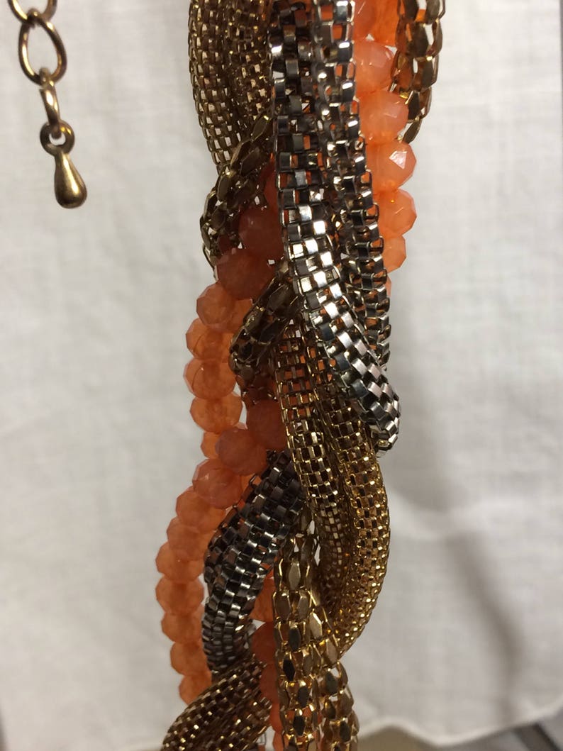 Vintage Goldtone Mixed Mesh Chains and PeachLight Orange Beaded Braided Necklace