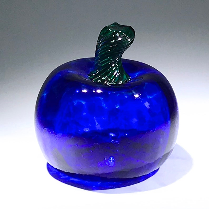 Intense dark cobalt blue handblown glass pumpkin with green | Etsy