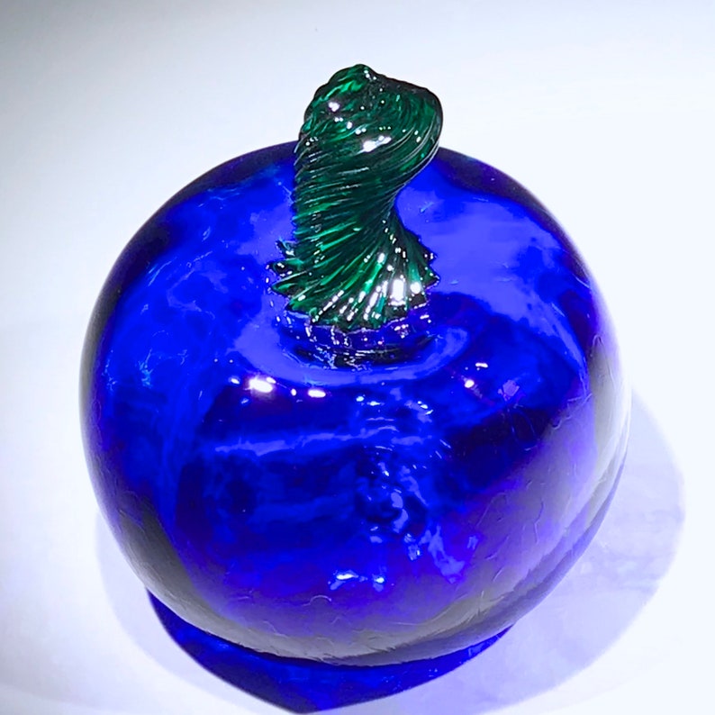 Intense dark cobalt blue handblown glass pumpkin with green | Etsy