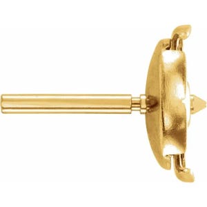 May include: A gold earring post with a flat, circular backing and a small, pointed prong extending from the center. The component features a smooth, polished metallic finish and is designed to hold a gemstone or decorative element securely in place.