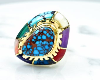 Andrew Redhorse Alvarez Lander Blue Turquoise 18k Yellow Gold Ring