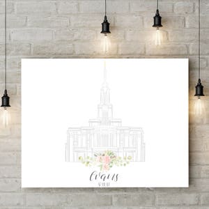 Payson Utah Temple, Watercolor, Floral Wreath, Custom Lettering Option, LDS