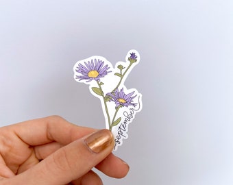 September Birth Month Flower Sticker w/ MONTH LETTERING | Water Bottle Sticker | Flower Laptop Sticker | Kindle Sticker | Aster Sticker