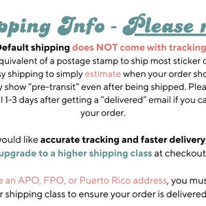May include: Text on a white background with the heading "Shipping Info - Please read!" and information about shipping options, including tracking and delivery times.