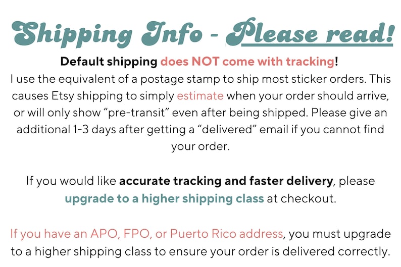 May include: Text on a white background with the heading "Shipping Info - Please read!" and information about shipping options, including tracking and delivery times.
