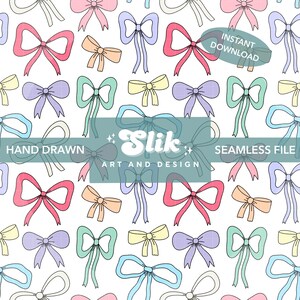 Könnte beinhalten: Ein nahtloses Muster mit handgezeichneten Schleifen in Pastelltönen von Rosa, Blau, Gelb und Grün auf weißem Hintergrund. Das Design enthält den Text "Slik Art and Design" und "Sofort-Download".