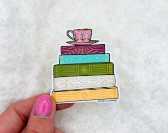 Tea and Books Sticker | Kindle Sticker | Stickers for Laptop | Aesthetic Stickers | Vinyl Stickers | Waterbottle Sticker | Book Sticker