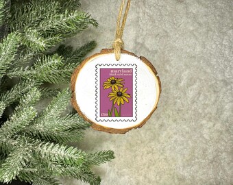 Maryland Stamp Ornament | Maryland Flower Ornament | Black Eyed Susan Ornament | Wood Slice Ornament | Wood Ornament | Rustic Ornament
