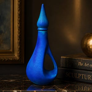 Op de afbeelding: Een levendige blauwe decoratieve fles met een druppelvormig lichaam, een centrale opening en een bijpassende puntige stop. Het oppervlak heeft een gladde, matte afwerking met subtiele variaties in blauwe en turquoise tinten.