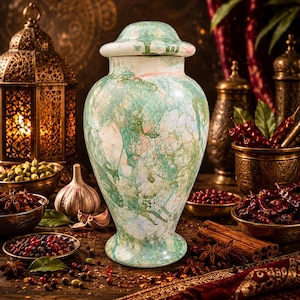 Puede incluir: Una urna decorativa con un acabado jaspeado en tonos verde menta, blanco y rosa suave. El recipiente tiene un cuerpo redondeado, un cuello estrecho y una tapa abovedada a juego. La superficie muestra un patrón de burbujas en el exterior.