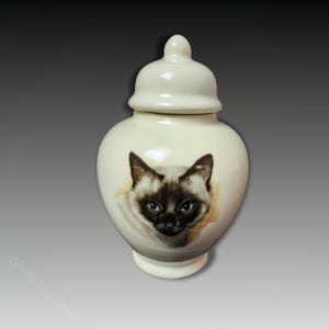 Op de afbeelding: Crèmekleurige keramische urn met een portret van een Siamees. De urn heeft een afgeronde body en een bijpassende deksel. Het gezicht van de kat is afgebeeld met donkerbruine markeringen en blauwe ogen. Voor een huisdierherdenking.