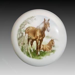 May include: A white ceramic lid with a brown horse and foal in a field setting. The horse and foal are brown with white markings. The lid is round and has a raised edge.