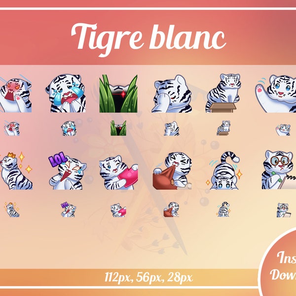 12x Premade cute white tiger sub bit emotes Twitch & Discord pack P2U