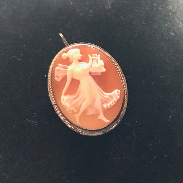 Shell cameo, full figure of lute player,  brooch or pendant, hand carved, antique