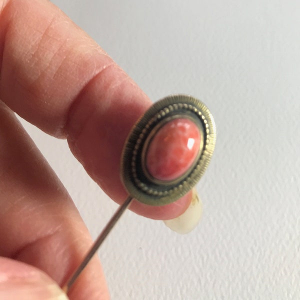 vintage stick pin, Czech glass, coral wannabe, brass mounting,