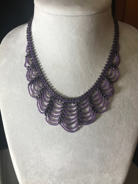 Hand Beaded Purple Bib Necklace Etsy