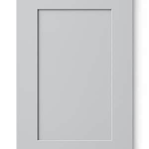 May include: A light gray cabinet door with a recessed panel design. The door has a rectangular shape with a raised frame surrounding a flat, central panel. The color is a neutral, solid gray.
