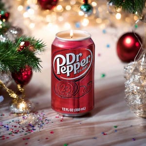 May include: A red and silver Dr Pepper can candle with a lit wick. The can is 12 fl oz (355 ml) and has the Dr Pepper logo and the text "Est. 1885".