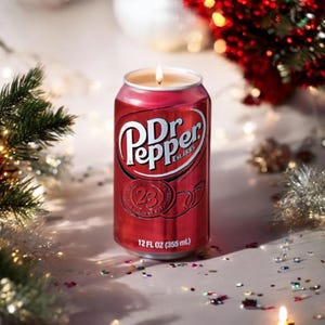 May include: A red Dr Pepper can candle with a lit wick. The can is surrounded by colorful confetti and a festive background.