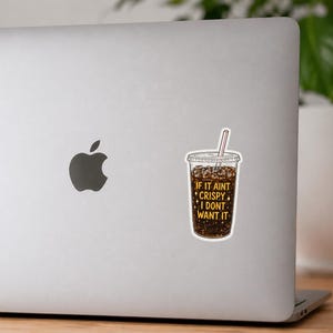 May include: A die-cut sticker featuring a clear plastic cup filled with dark brown soda, ice cubes, and a straw. The text on the cup reads IF IT AINT CRISPY I DONT WANT IT in yellow capital letters, accented by small yellow four-pointed stars.