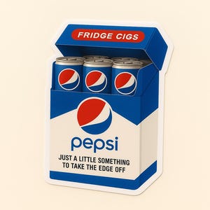 May include: A novelty sticker in the shape of a cigarette pack, featuring Pepsi-branded mini cans. The pack is blue and white with the Pepsi logo and the text "FRIDGE CIGS" and "JUST A LITTLE SOMETHING TO TAKE THE EDGE OFF".