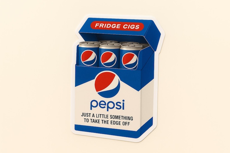 May include: A novelty sticker in the shape of a cigarette pack, featuring Pepsi-branded mini cans. The pack is blue and white with the Pepsi logo and the text "FRIDGE CIGS" and "JUST A LITTLE SOMETHING TO TAKE THE EDGE OFF".