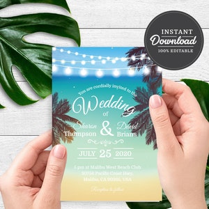 PRINTABLE Beach Wedding Invitation Template Corjl Instant Download Destination, Hawaiian, Tropical Printable Invitation image 3