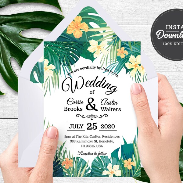 PRINTABLE | Hawaiian Wedding Invitation with Envelope Liner | Corjl | Instant Download | Destination, Beach, Tropical | Printable Invitation