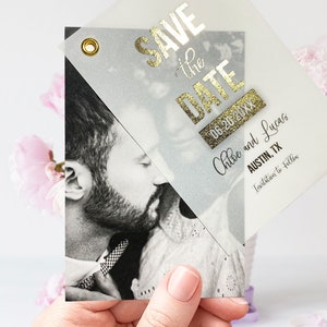 | IMPRIMÉ Photo Save the Date Calendar Card, Vellum Invitations, Foiled Vellum, Calendrier Save the Date, Mariage classique, Carte postale de remerciement