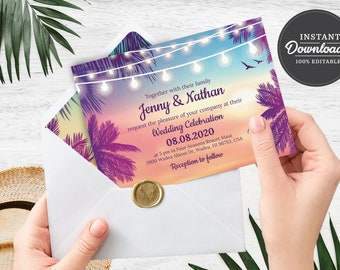 PRINTABLE | Beach Wedding Invitation Template with Envelope Liner | Corjl | Instant Download | Destination, Hawaiian, Tropical | DIY Wedding