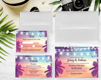 PRINTED | Tropical Beach Wedding Invitation Set | Destination Wedding | Beach Party | Hawaiian Wedding