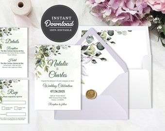 PRINTABLE | Greenery Wedding Invitation Set | Corjl | Instant Download | Boho Wedding, Bohemian wedding | Eucalyptus Wedding, Floral Wedding