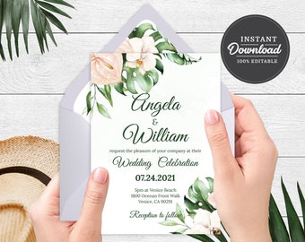 PRINTABLE | Floral Wedding Invitation Template | Corjl | Instant Download | Destination, Hawaiian, Tropical, Beach | Printable Invitation