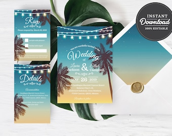 PRINTABLE | Beach Wedding Invitation Template Set | Corjl | Instant Download | Destination, Hawaiian, Tropical | Printable Invitation Set