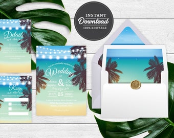 PRINTABLE | Beach Wedding Invitation Template Set | Corjl | Instant Download | Destination, Hawaiian, Tropical | Printable Invitation Set
