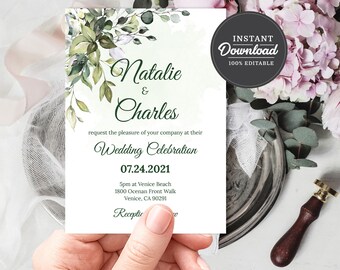 PRINTABLE | Greenery Wedding Invitation | Corjl | Instant Download | Boho Wedding, Bohemian wedding | Eucalyptus Wedding, Floral Wedding