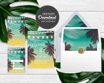 PRINTABLE | Beach Wedding Invitation Template Set | Corjl | Instant Download | Destination, Hawaiian, Tropical | Printable Invitation Set