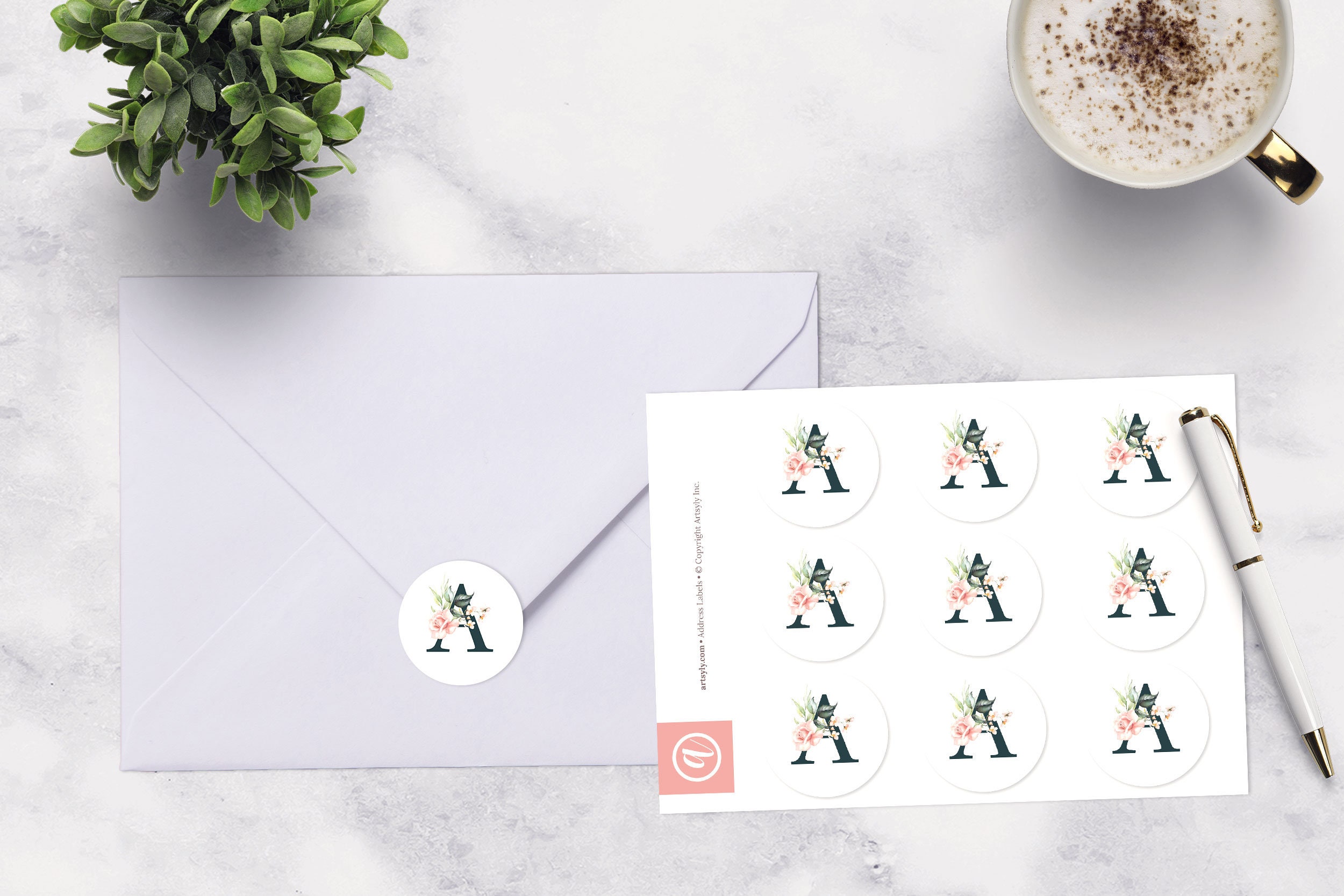 Printed Round Floral Monogram Envelope Seals Sticker, Envelope seal, Envelope stickers