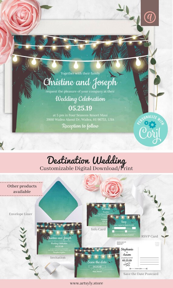 Beach Wedding Invitation Set Corjl Template Destination Etsy