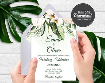 PRINTABLE | Floral Wedding Invitation Template | Corjl | Instant Download | Destination, Hawaiian, Tropical, Beach | Printable Invitation