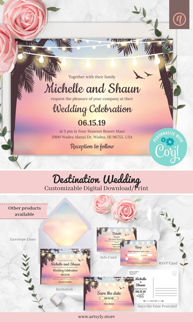 Beach Wedding Invitation Corjl Template Destination Etsy