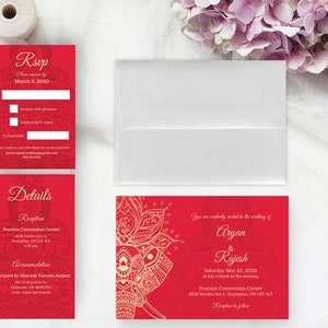 | IMPRIMÉ Ensemble d’invitation de mariage indien, Invitation rouge, Sangeet, Mehendi, Tilak, Vidai, Mariage hindou, Aimant Save the Date, Carte de remerciement