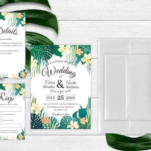 PRINTED | Tropical Beach Wedding Invitation Set | Destination Wedding | Beach Party | Hawaiian Wedding | Save the Date Magnet