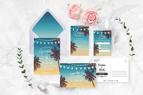 Printed Tropical Beach Wedding Invitation Set Destination Etsy
