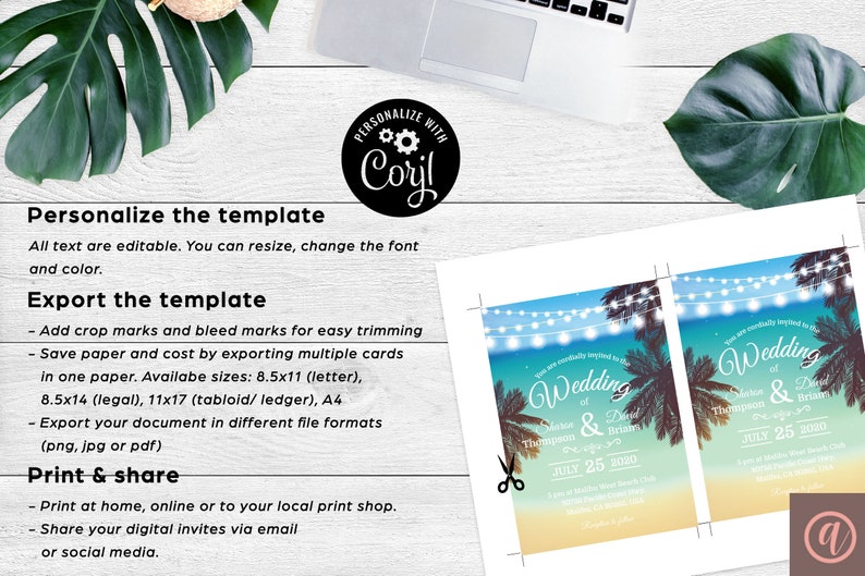 PRINTABLE Beach Wedding Invitation Template Corjl Instant Download Destination, Hawaiian, Tropical Printable Invitation image 8