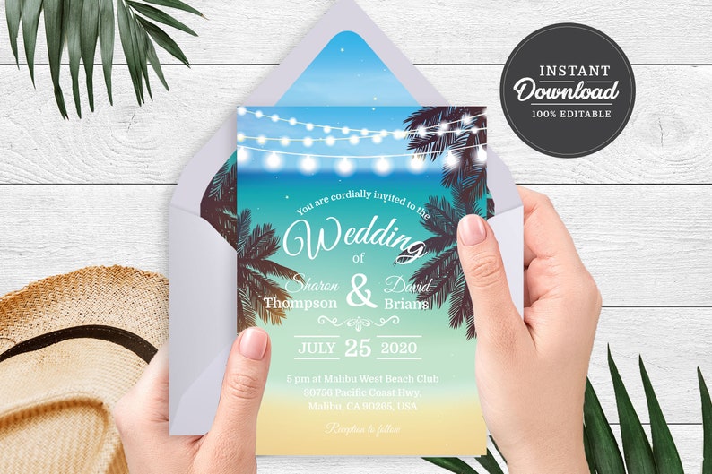 PRINTABLE Beach Wedding Invitation Template Corjl Instant Download Destination, Hawaiian, Tropical Printable Invitation image 1