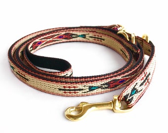 Native Maroon adjustable multi purpose thin dog leash: Native American style, dark red, tan, blue and green.